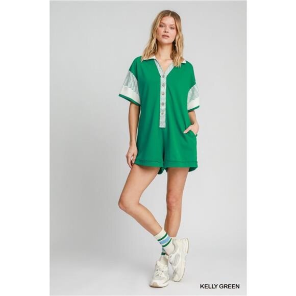Umgee French Terry Collared Colorblock Romper - Picture 4 of 10